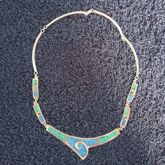 Vintage Mexican Southwestern Malachite & Turquoise Inlay Sterling Necklace - Picture 4 of 11